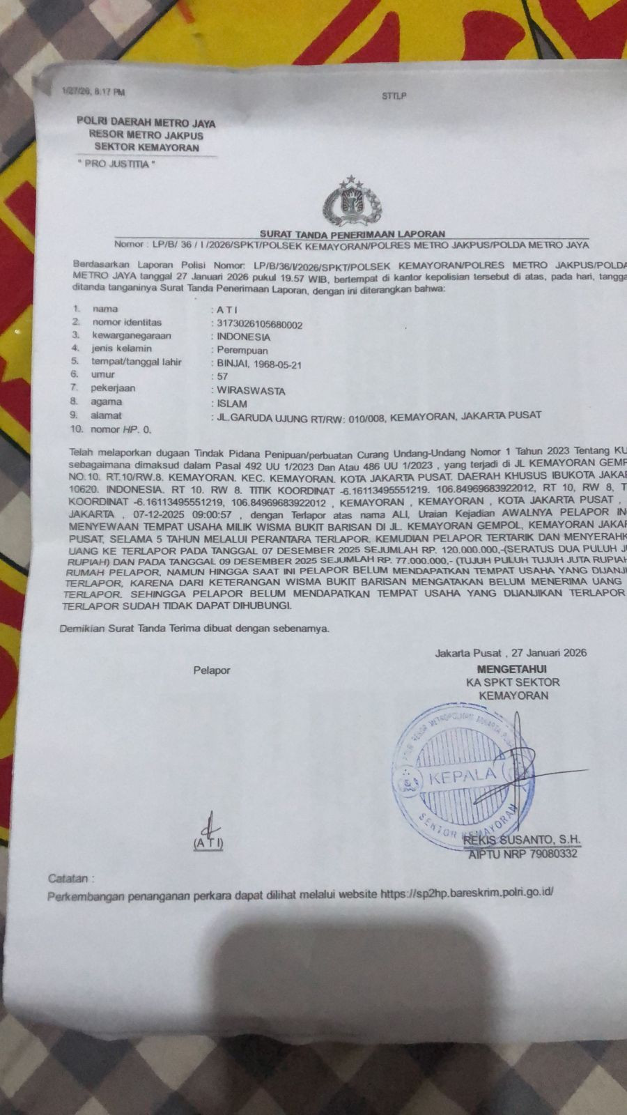 Diduga Gelapkan Uang Usaha, Pensiunan TNI Dilaporkan Ke Pihak Kepolisian di Kemayoran