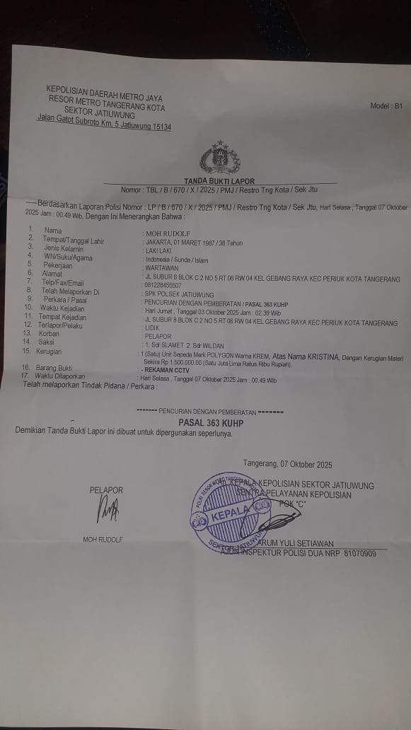 Wakil Kepala Bidang DPP Humas FWJ Indonesia Minta Polisi Tangkap Pelaku Pencurian